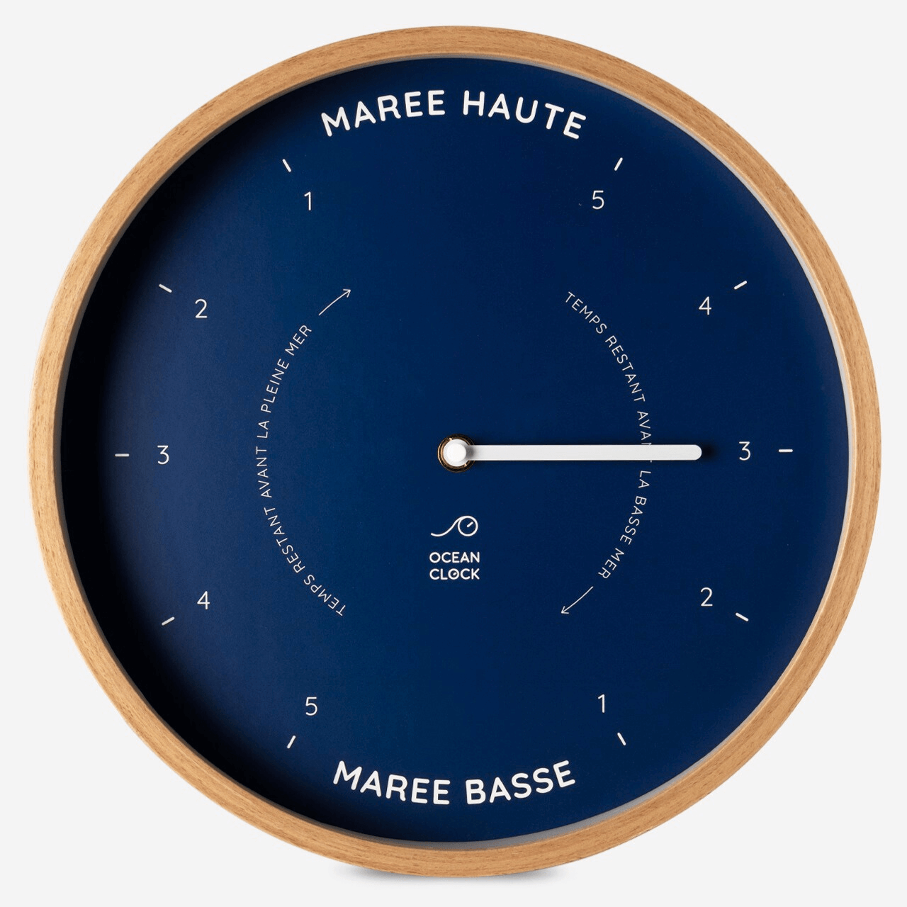 Horloge des marées bleu marine et bois en français